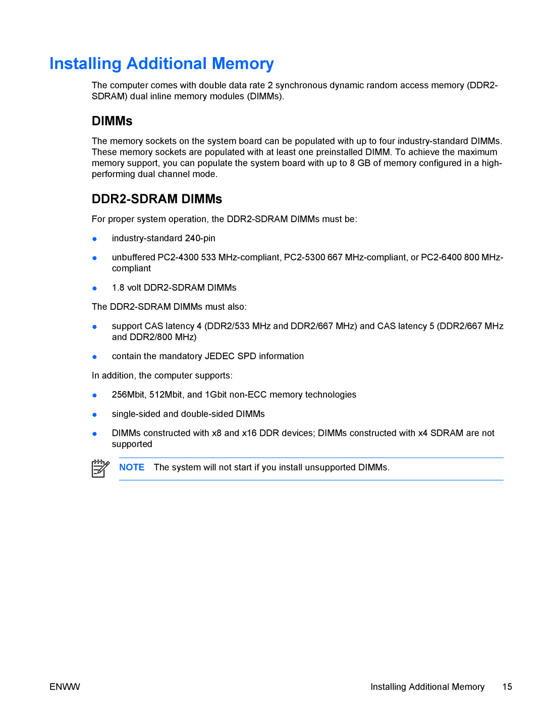 HP dc72 Client manual Installing Additional Memory, DDR2-SDRAM DIMMs 