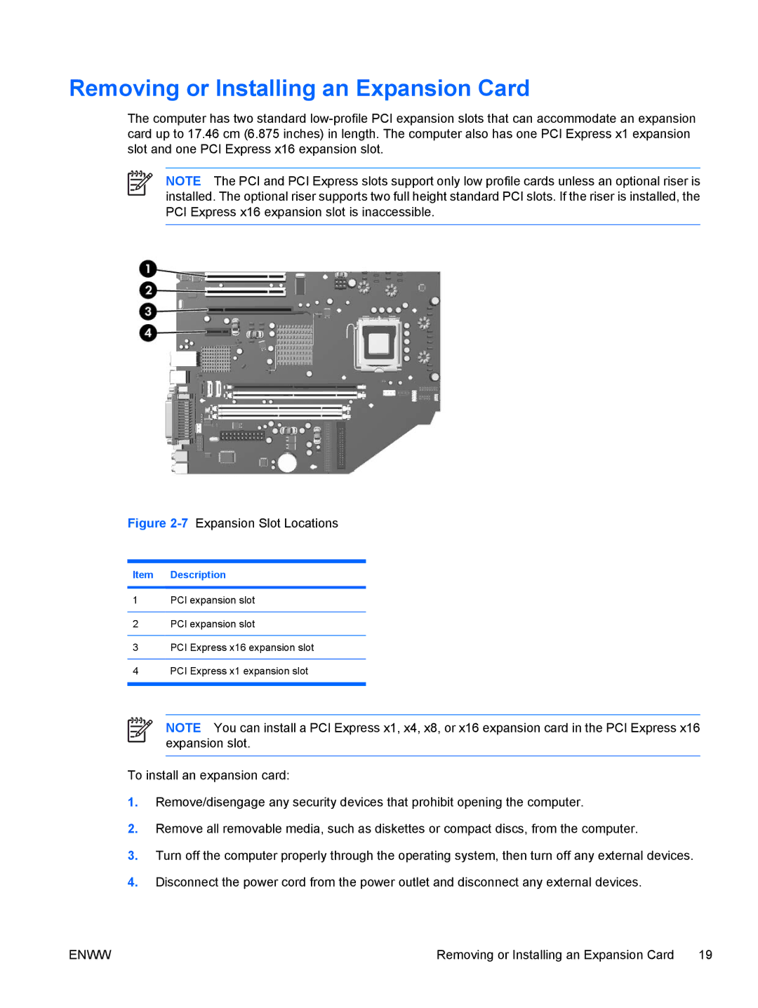 HP dc72 Client manual Removing or Installing an Expansion Card, Description 