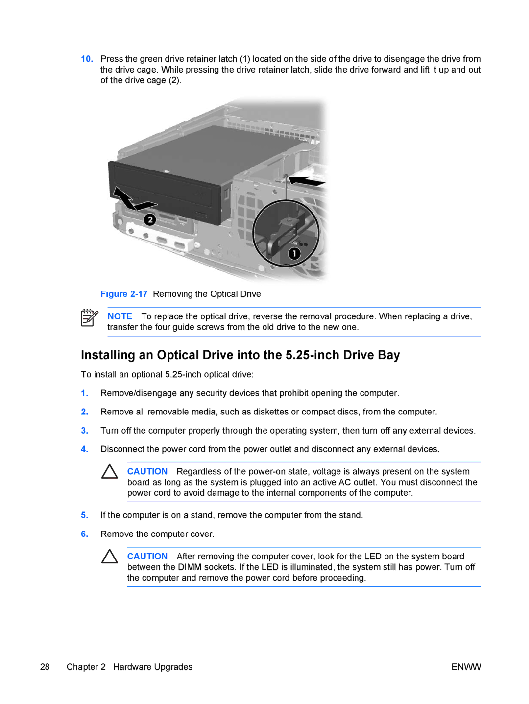 HP dc72 Client manual Installing an Optical Drive into the 5.25-inch Drive Bay, 17Removing the Optical Drive 