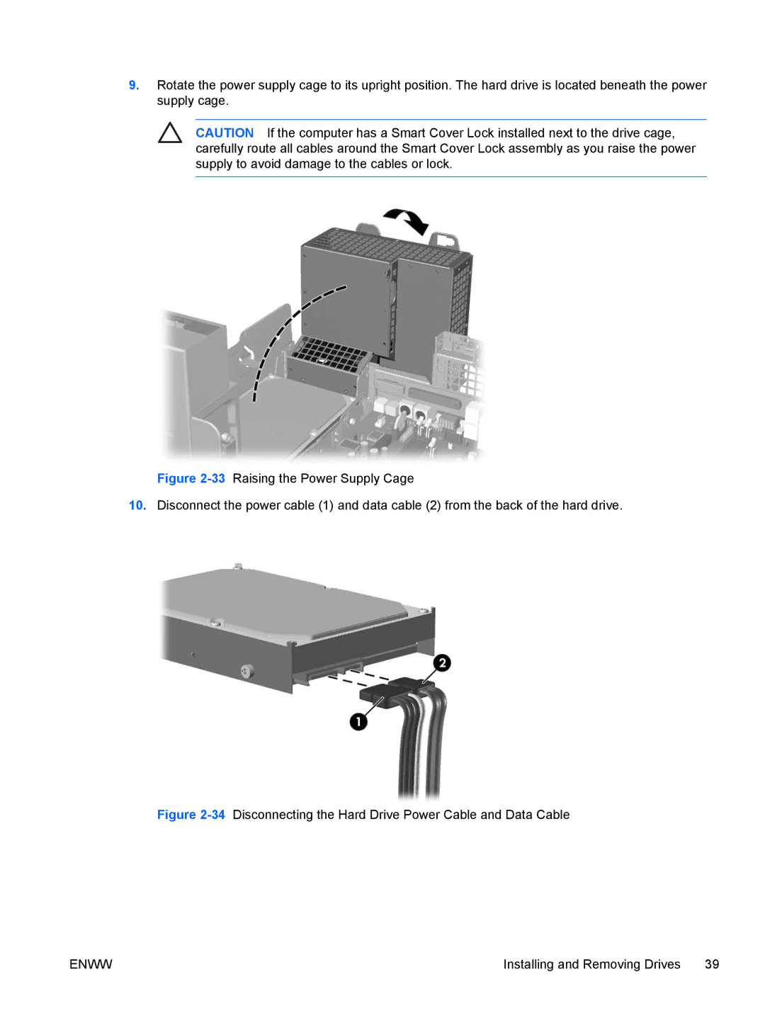 HP dc72 Client manual 34Disconnecting the Hard Drive Power Cable and Data Cable 