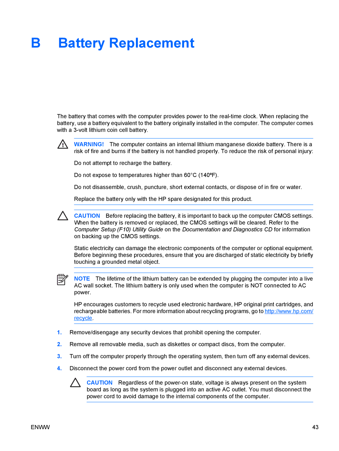 HP dc72 Client manual Battery Replacement 