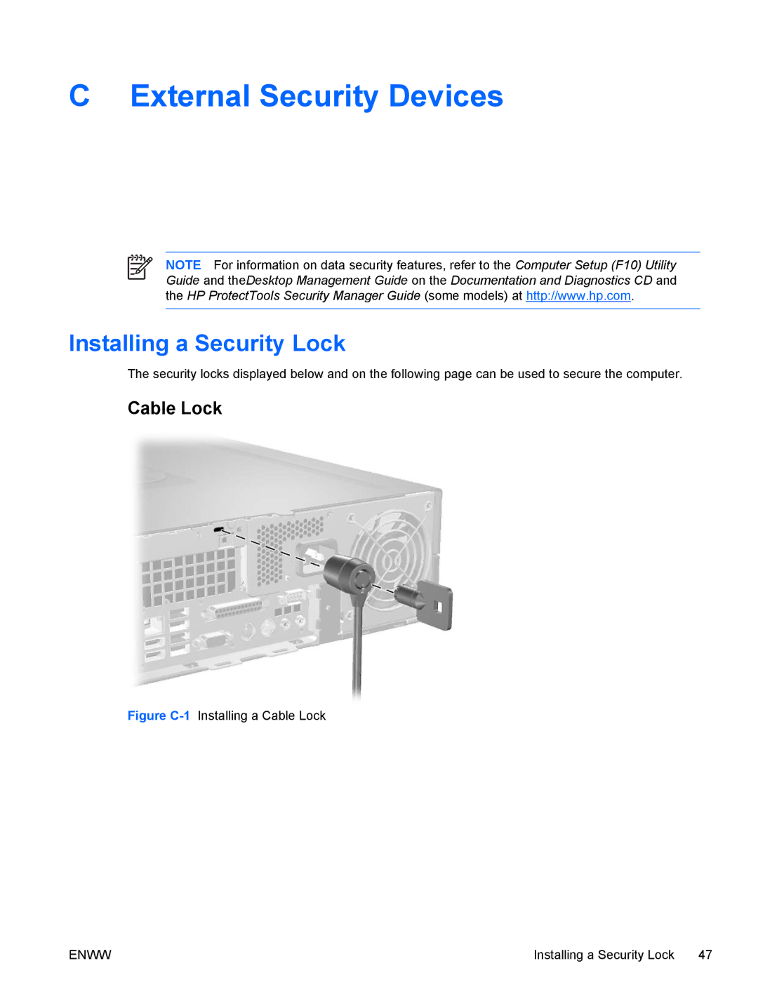 HP dc72 Client manual External Security Devices, Installing a Security Lock, Cable Lock 