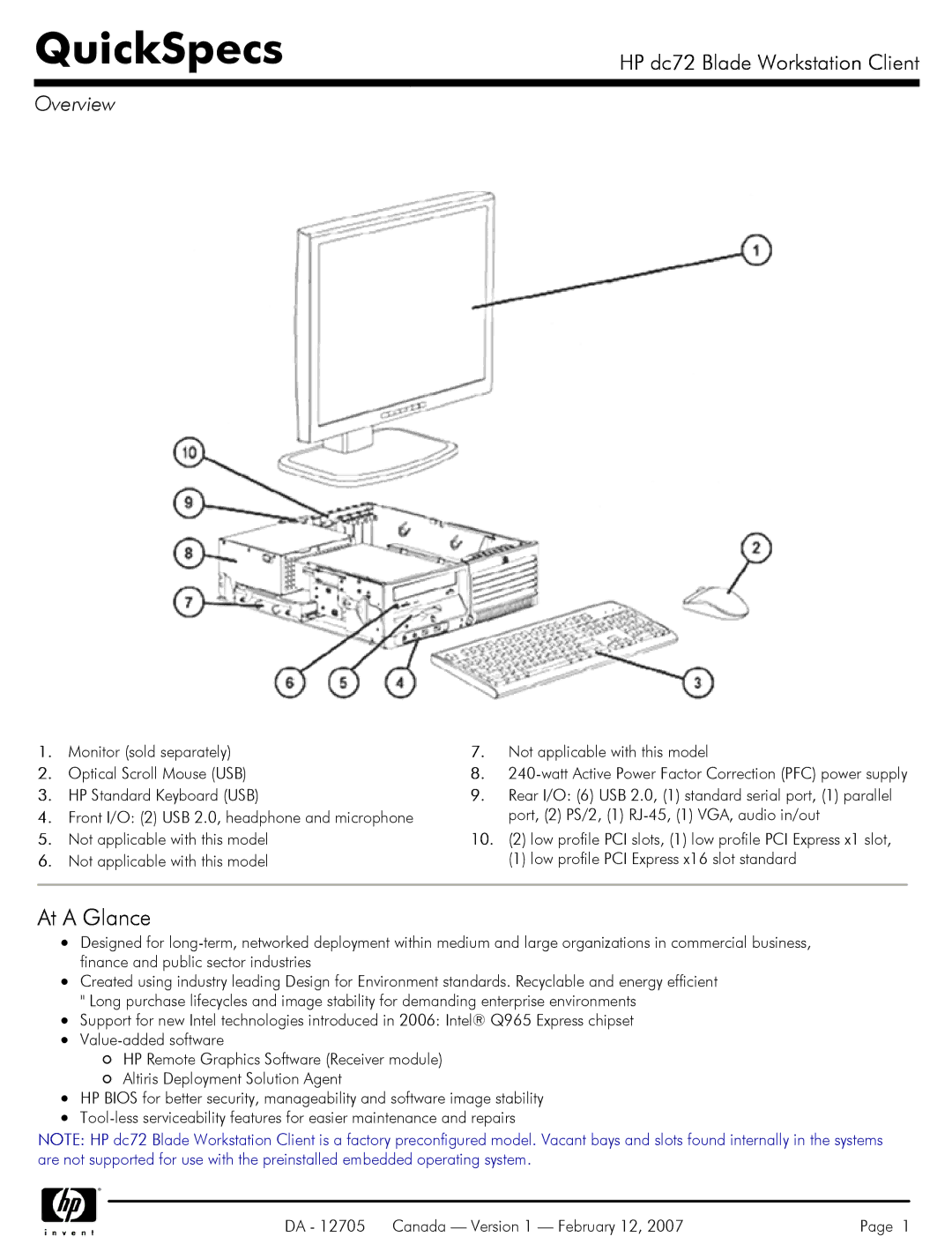 HP dc72 manual Overview, DA 12705 Canada Version 1 February 12 