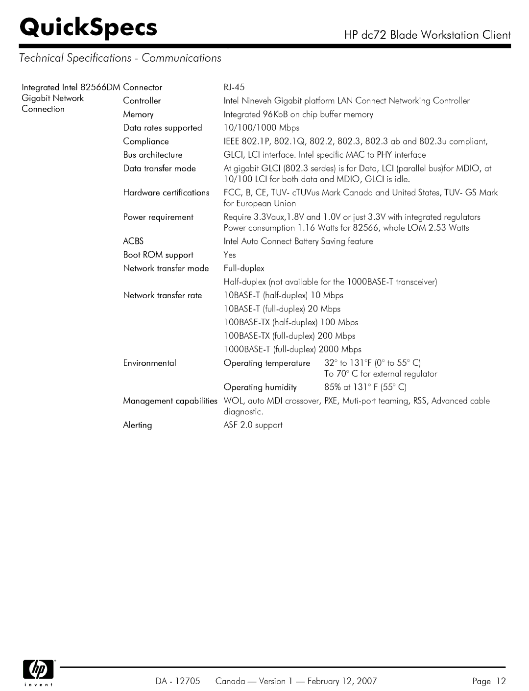 HP dc72 manual Technical Specifications Communications, Acbs 