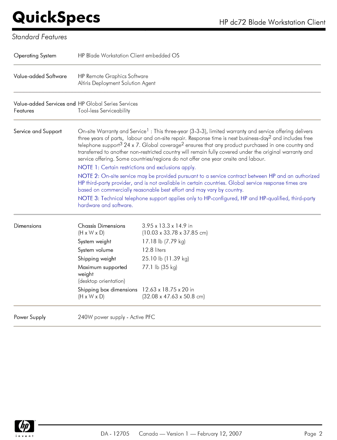 HP dc72 manual Standard Features 