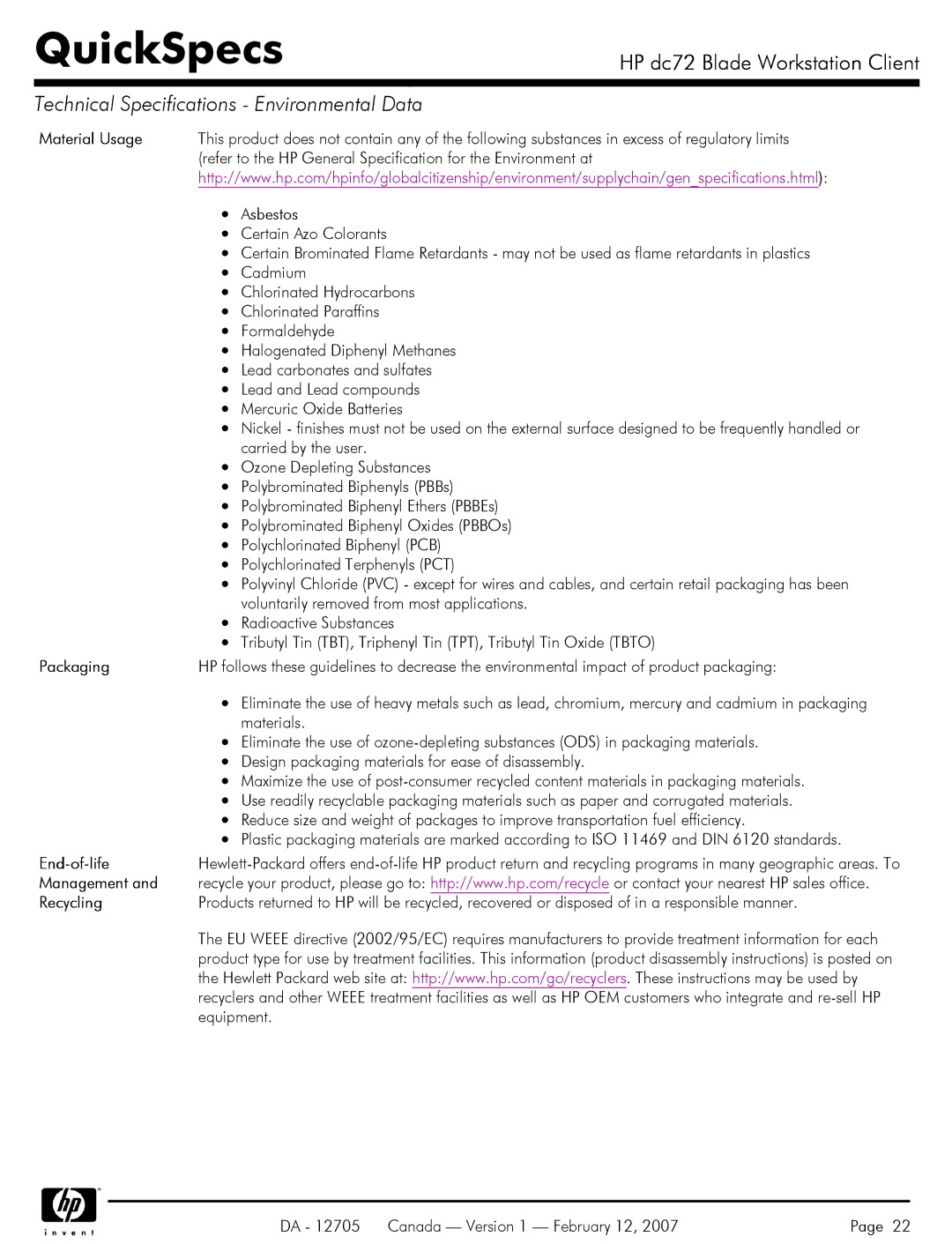 HP dc72 manual Packaging, End-of-life, Management Recycling 