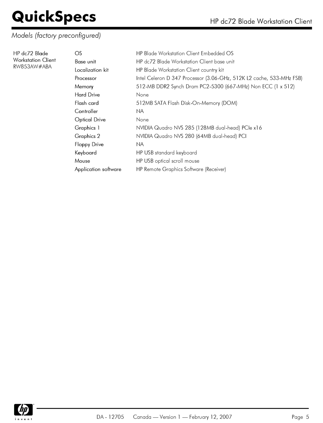 HP dc72 manual Models factory preconfigured 