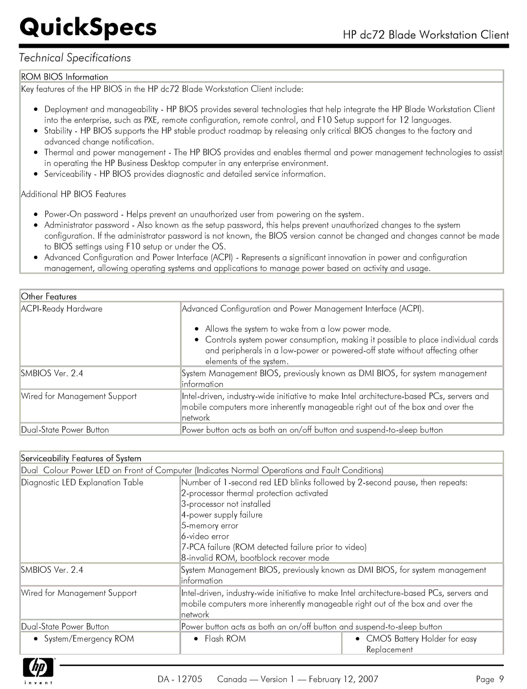 HP dc72 manual ROM Bios Information, Other Features, Serviceability Features of System 