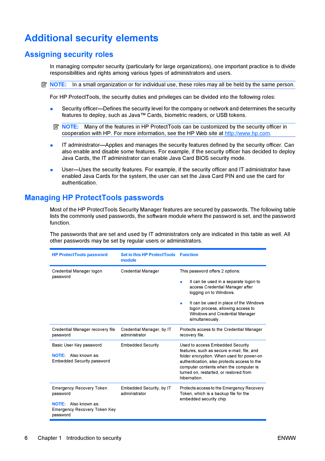 HP dc73 Blade Client manual Additional security elements, Assigning security roles, Managing HP ProtectTools passwords 