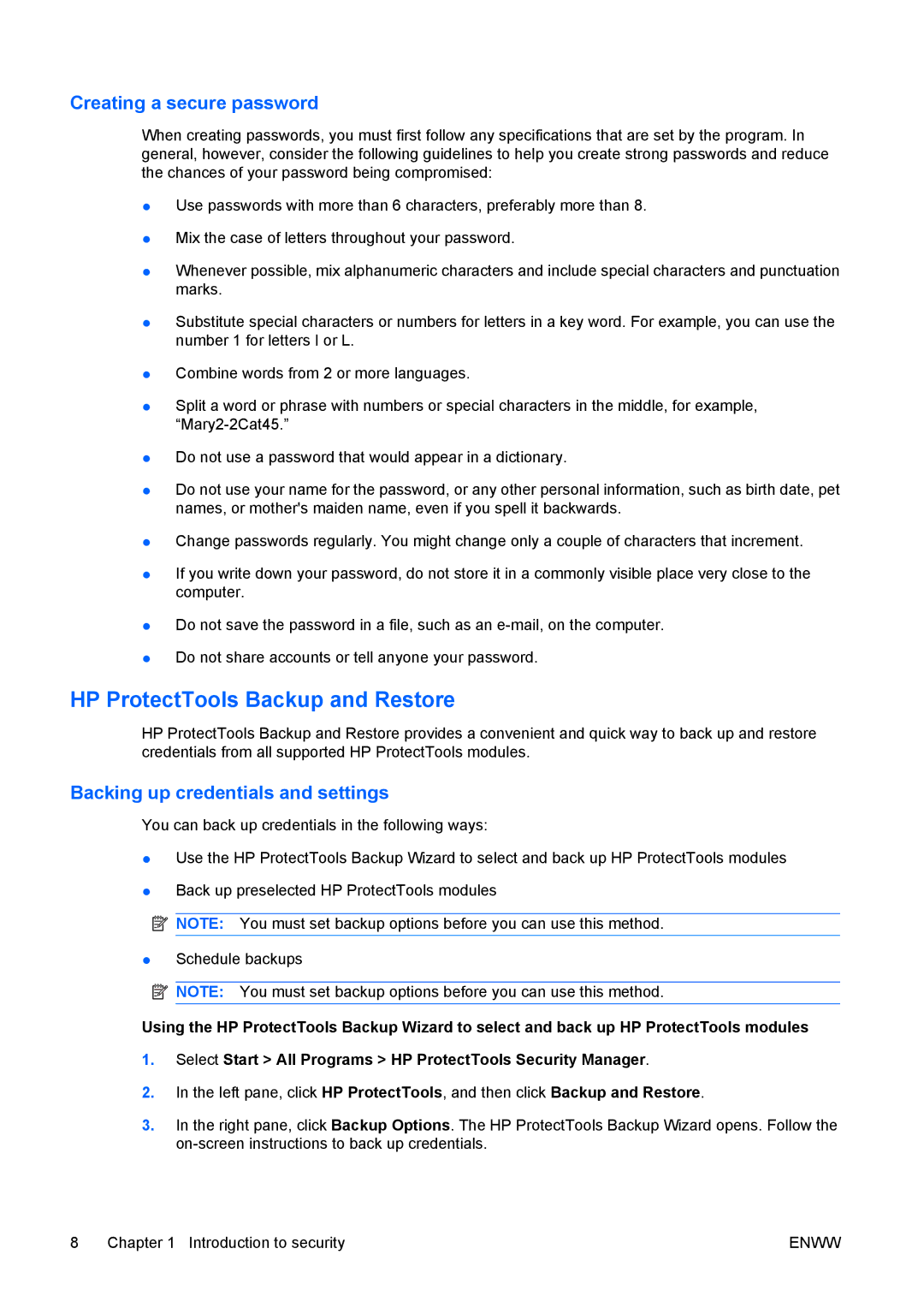 HP dc73 Blade Client HP ProtectTools Backup and Restore, Creating a secure password, Backing up credentials and settings 