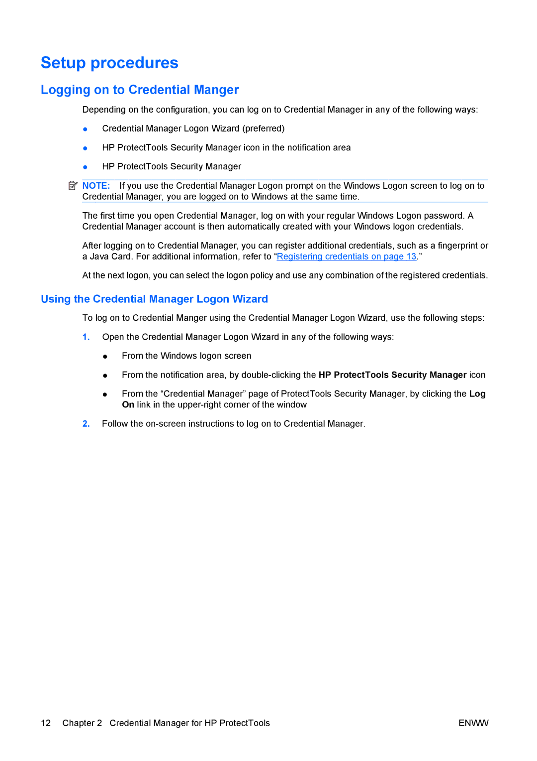 HP dc73 Blade Client manual Setup procedures, Logging on to Credential Manger, Using the Credential Manager Logon Wizard 