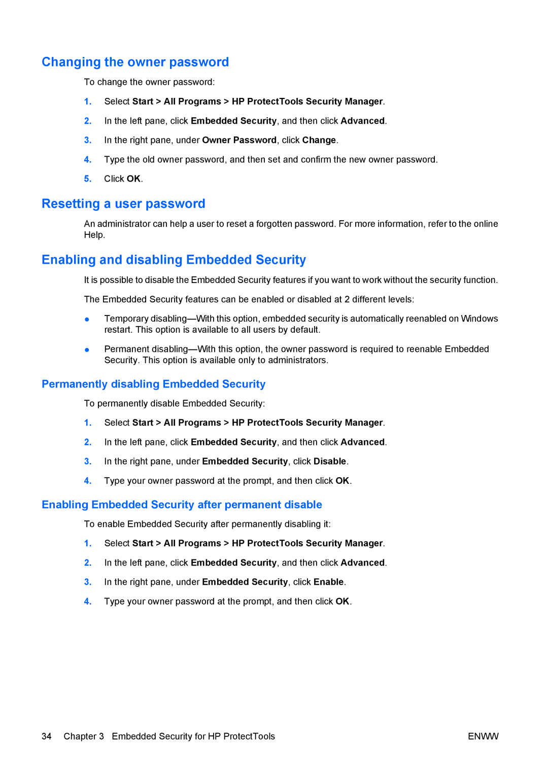 HP dc73 Blade Client Changing the owner password, Resetting a user password, Enabling and disabling Embedded Security 