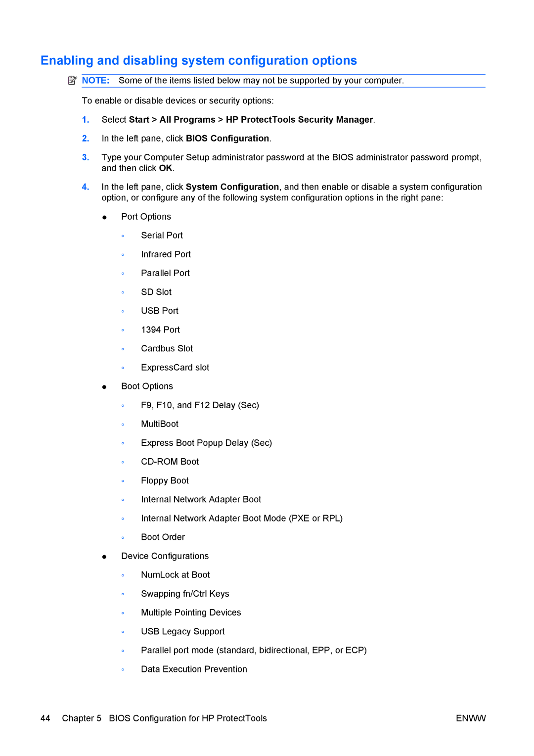 HP dc73 Blade Client manual Enabling and disabling system configuration options 