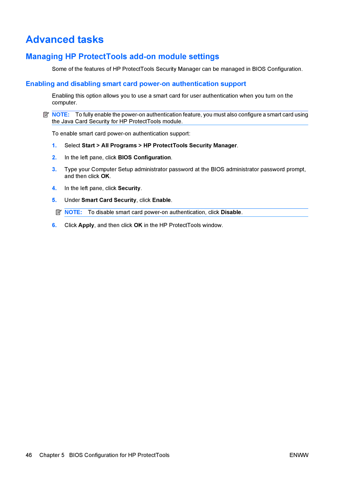 HP dc73 Blade Client manual Managing HP ProtectTools add-on module settings, Under Smart Card Security, click Enable 