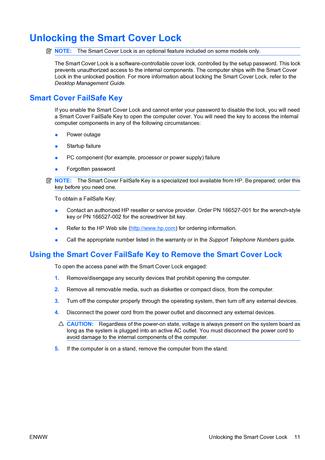 HP dc73 Blade Client manual Unlocking the Smart Cover Lock, Smart Cover FailSafe Key 