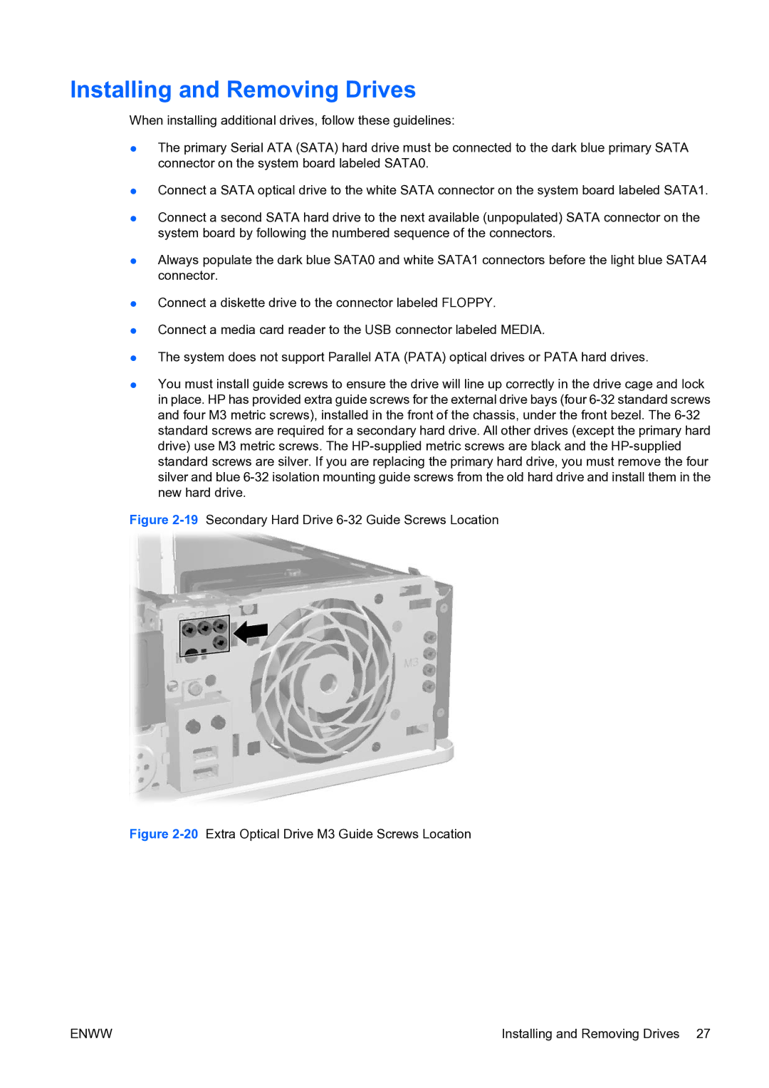 HP dc73 Blade Client manual Installing and Removing Drives, 19Secondary Hard Drive 6-32 Guide Screws Location 