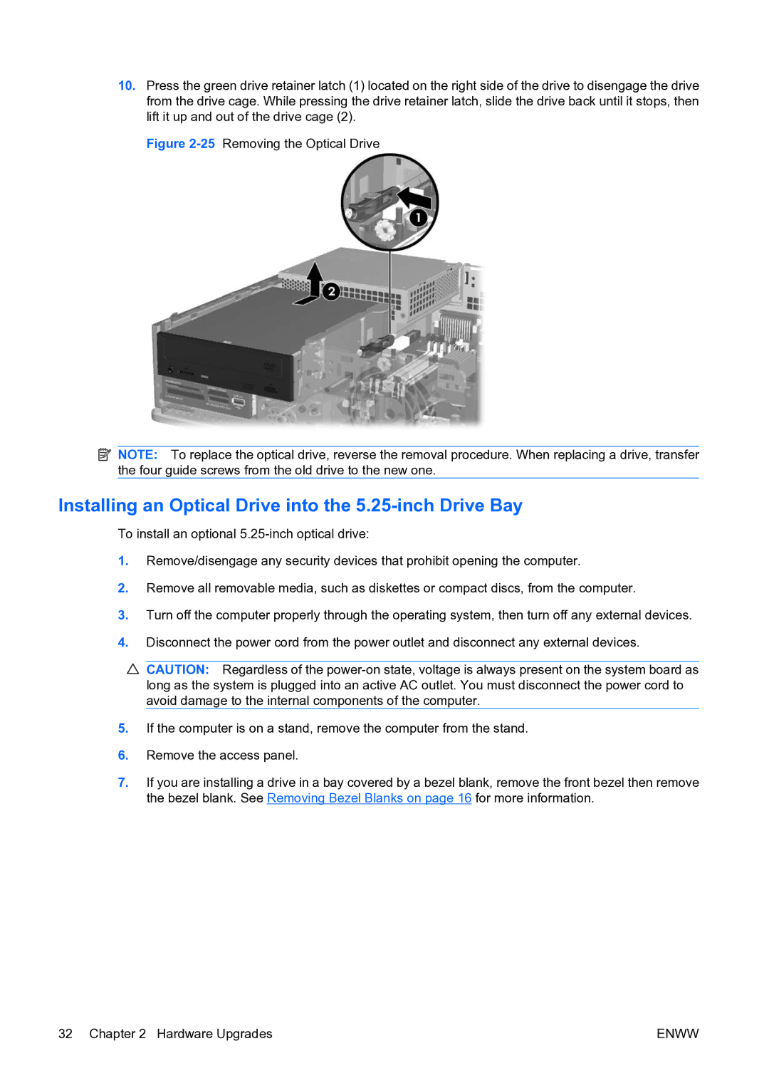 HP dc73 Blade Client manual Installing an Optical Drive into the 5.25-inch Drive Bay, 25Removing the Optical Drive 