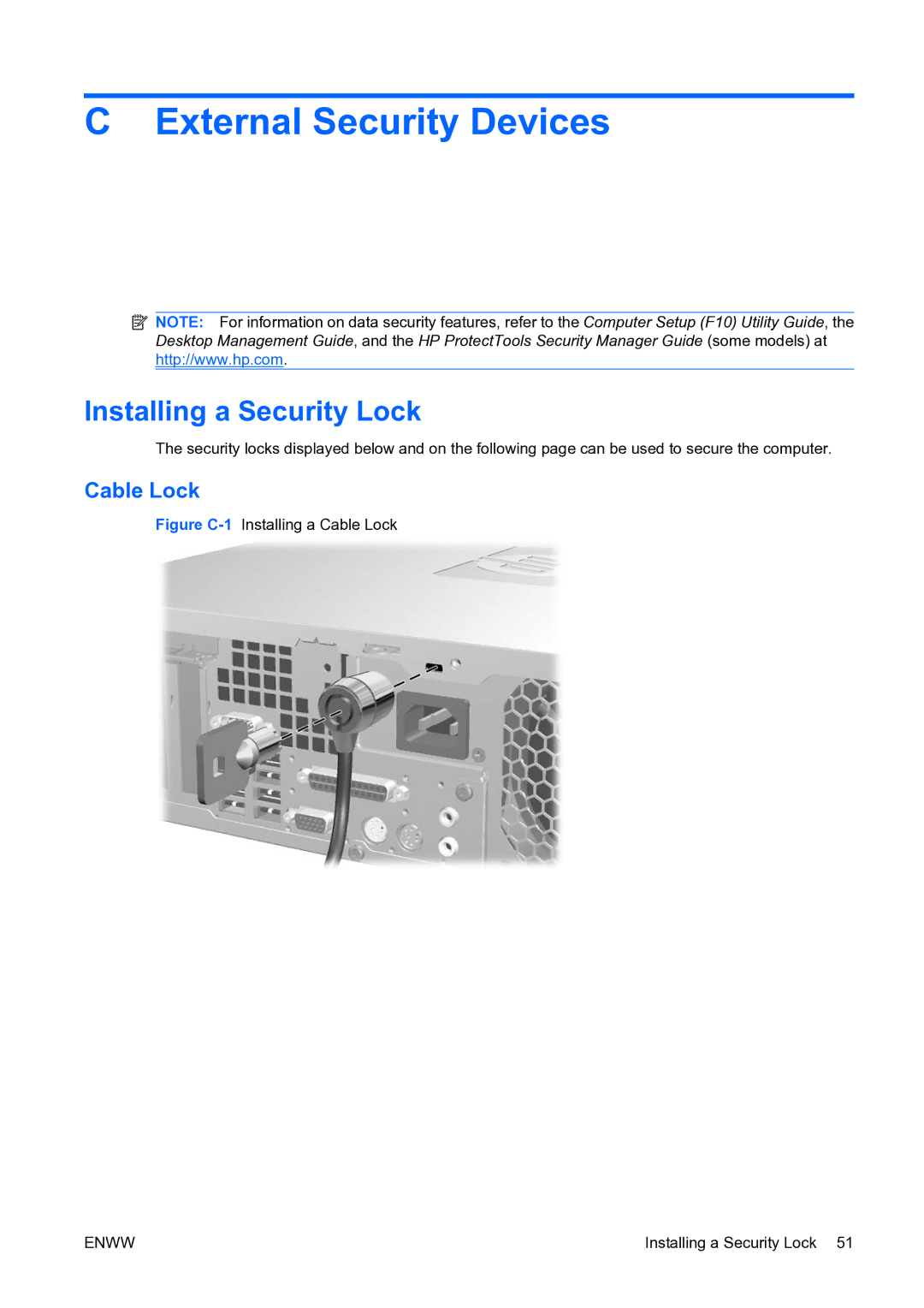 HP dc73 Blade Client manual External Security Devices, Installing a Security Lock, Cable Lock 