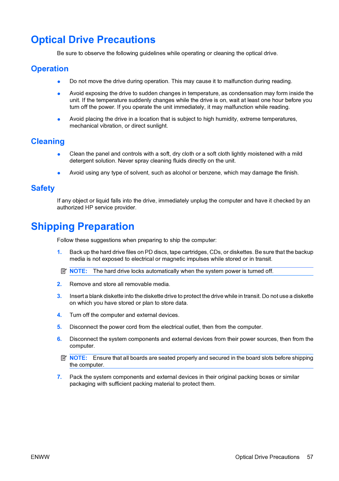 HP dc73 Blade Client manual Optical Drive Precautions, Shipping Preparation, Operation, Cleaning, Safety 