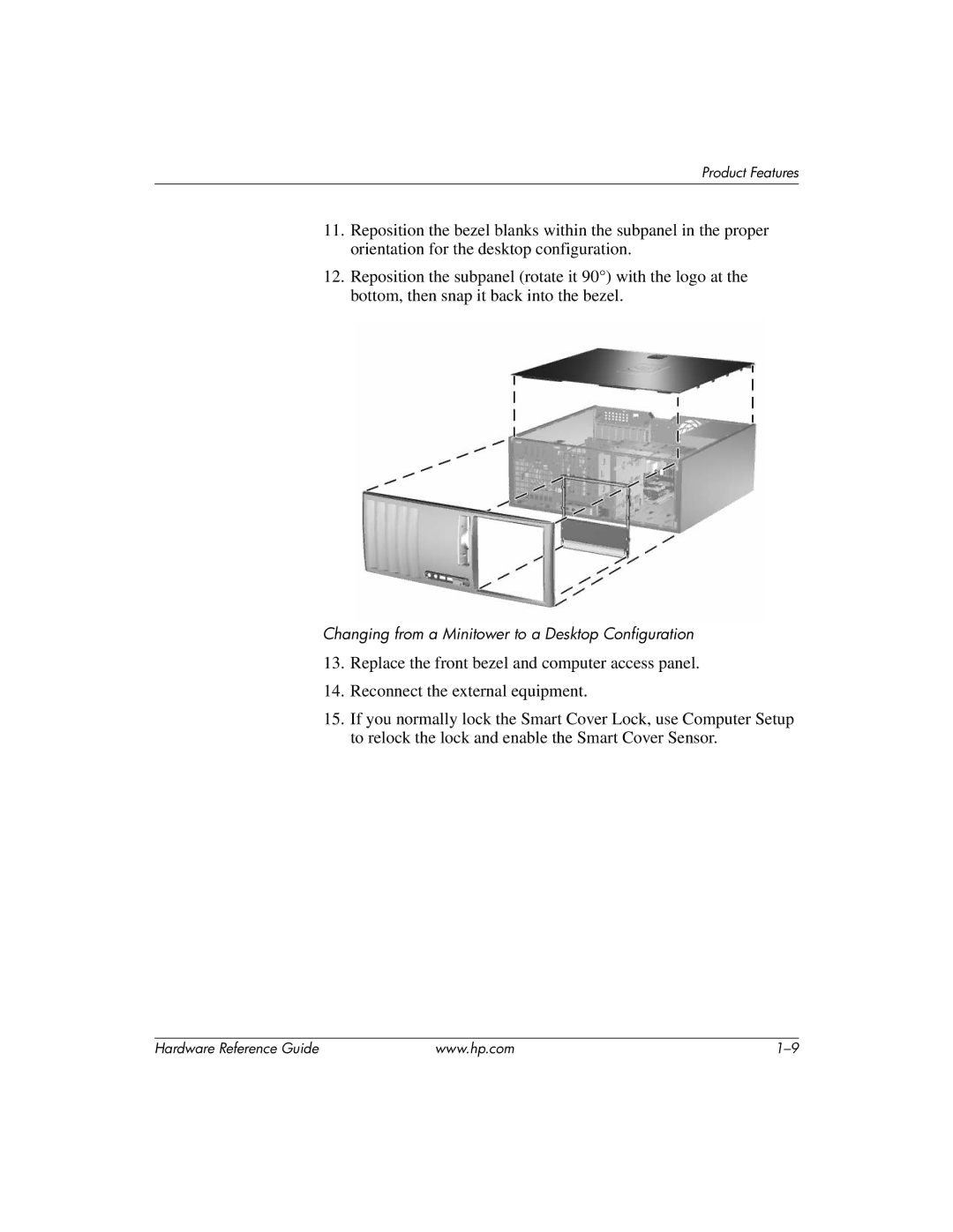 HP dc7600 tower manual Changing from a Minitower to a Desktop Configuration 