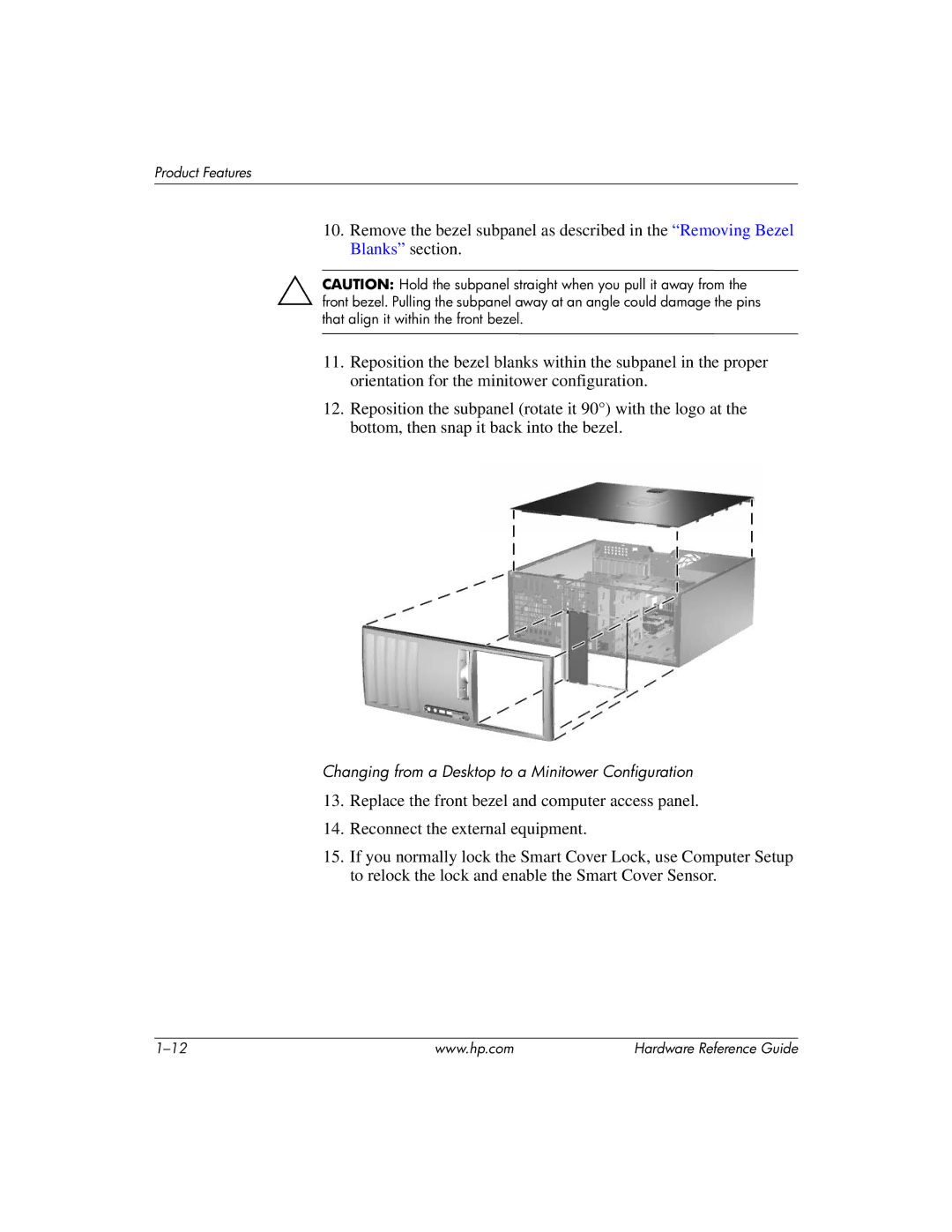 HP dc7600 tower manual Changing from a Desktop to a Minitower Configuration 