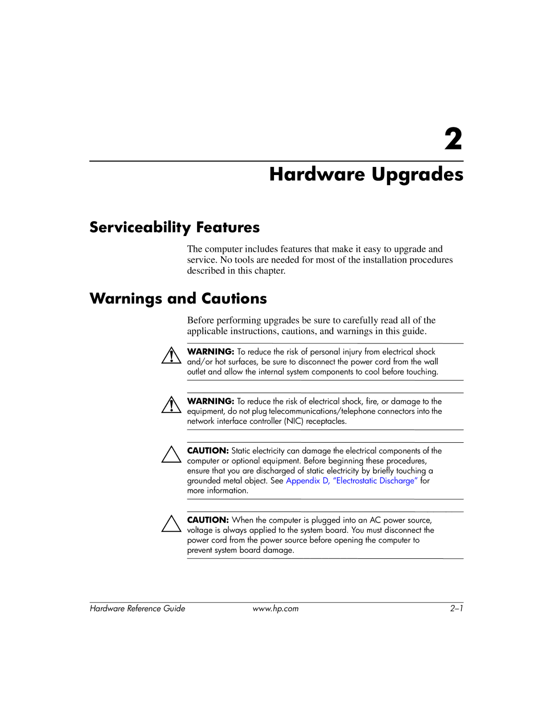 HP dc7600 tower manual Hardware Upgrades, Serviceability Features 