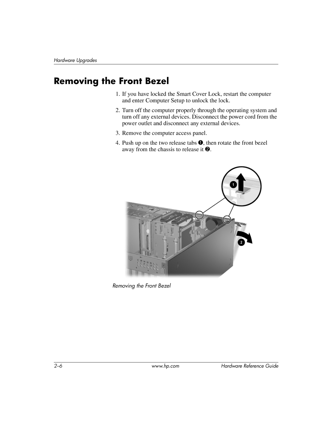 HP dc7600 tower manual Removing the Front Bezel 