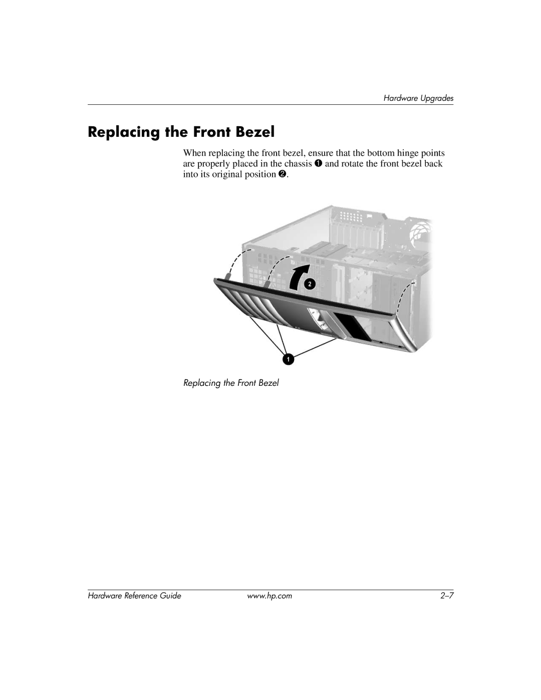 HP dc7600 tower manual Replacing the Front Bezel 