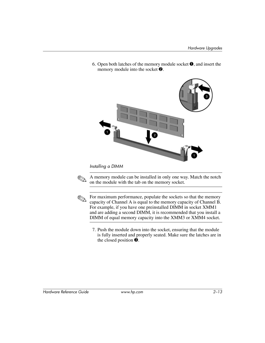 HP dc7600 tower manual Installing a Dimm 