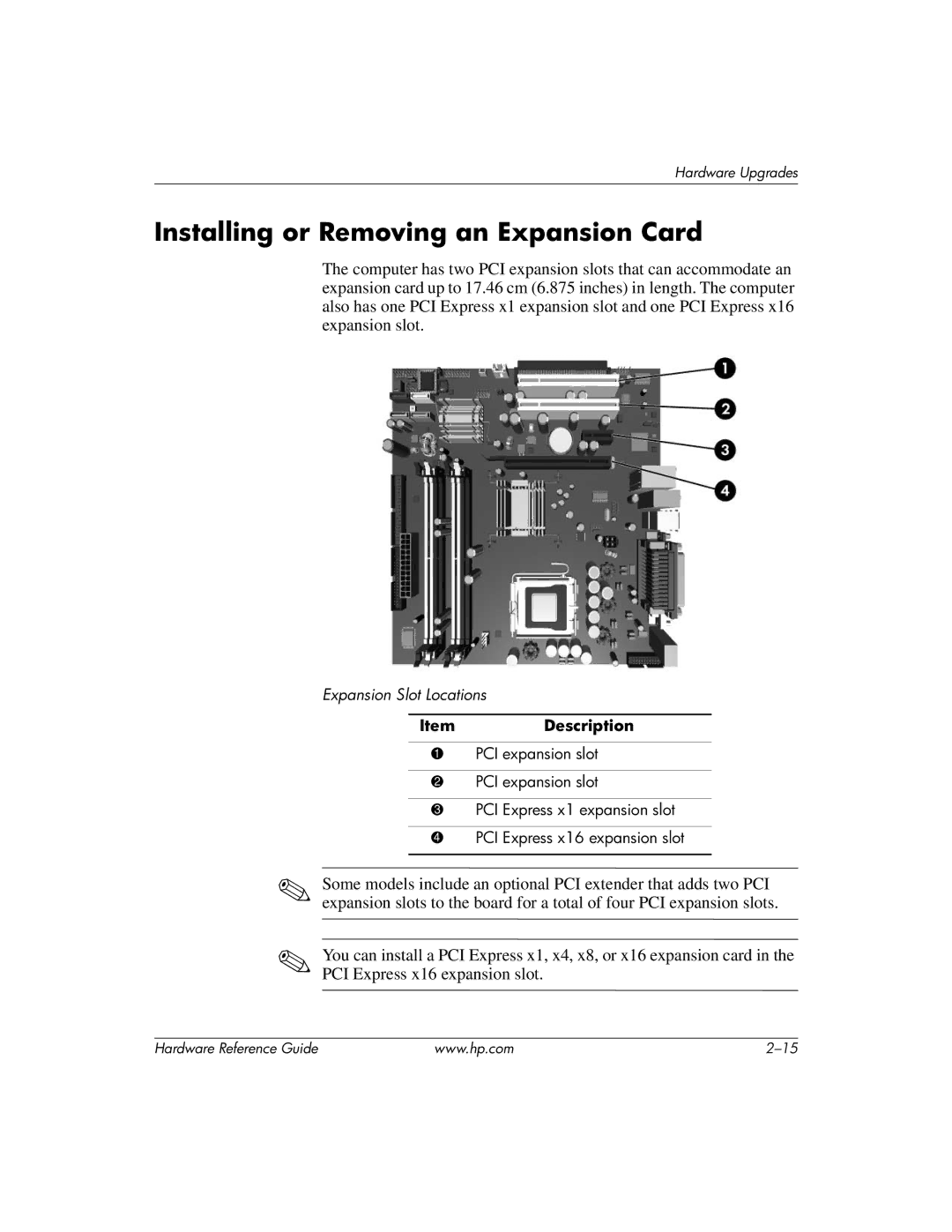 HP dc7600 tower manual Installing or Removing an Expansion Card 