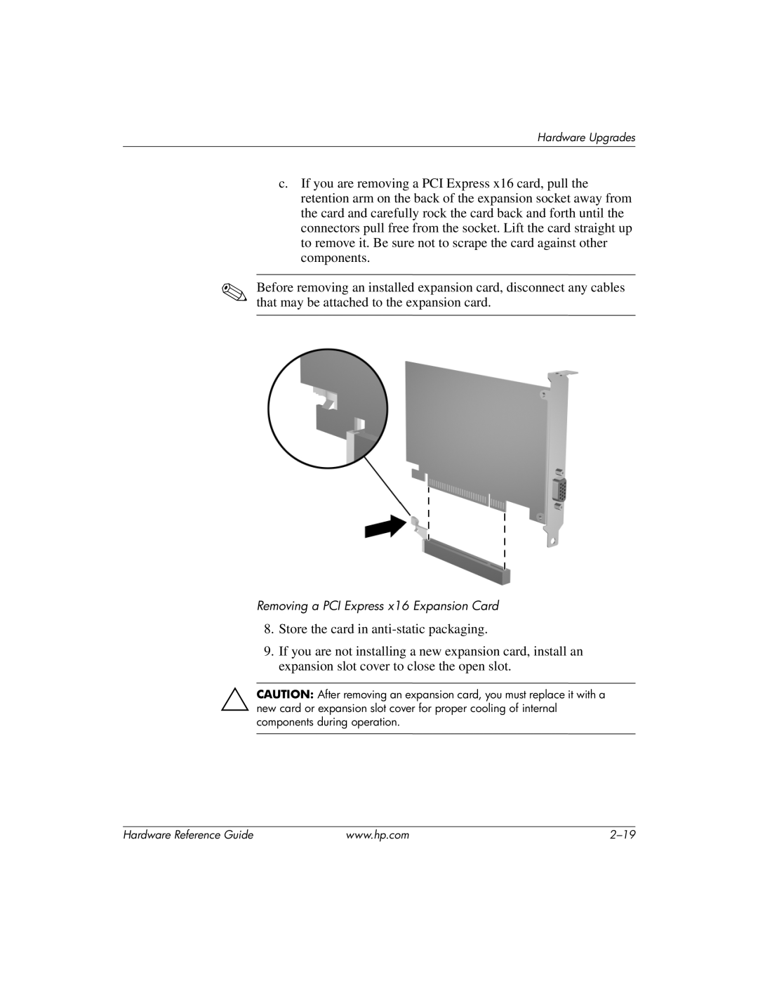 HP dc7600 tower manual Removing a PCI Express x16 Expansion Card 