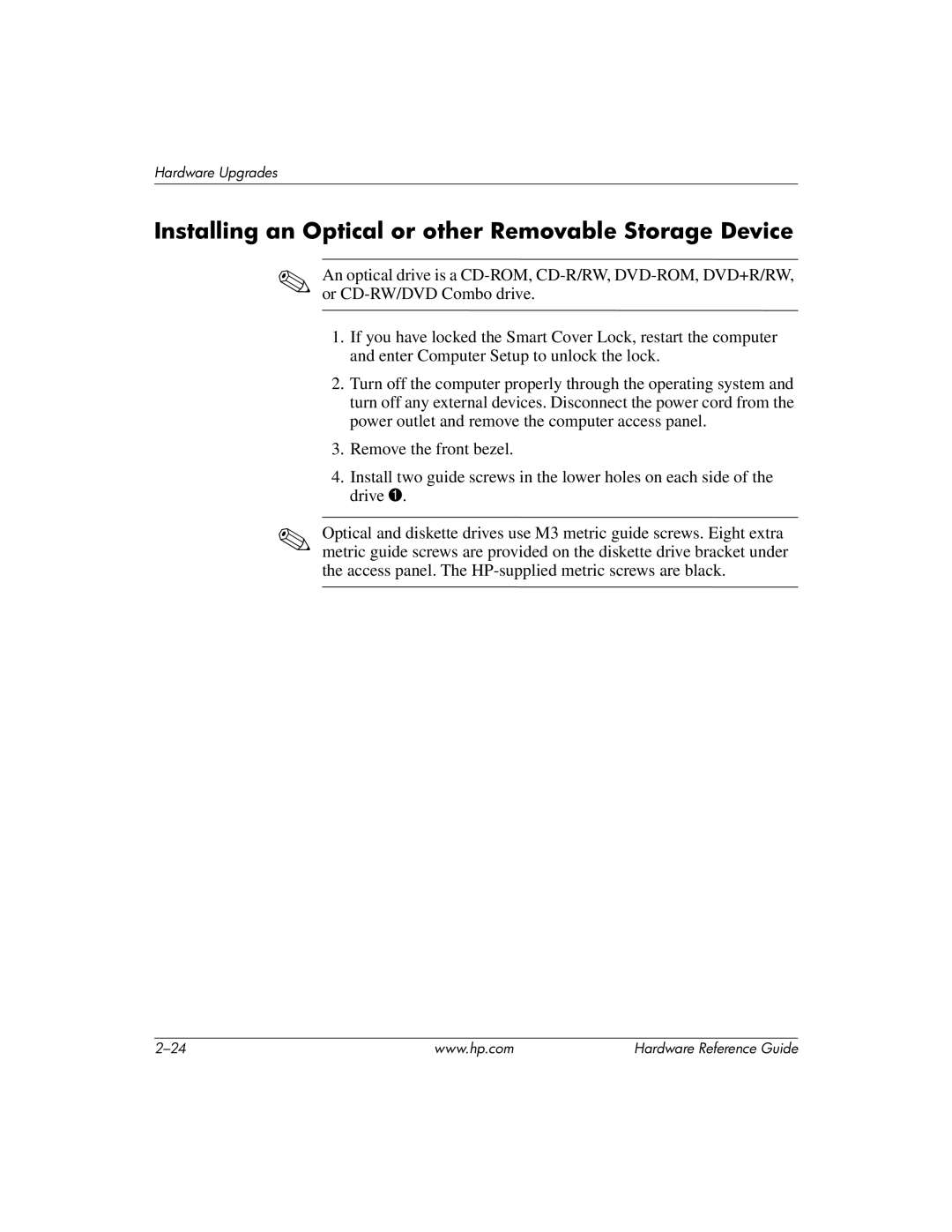 HP dc7600 tower manual Installing an Optical or other Removable Storage Device 