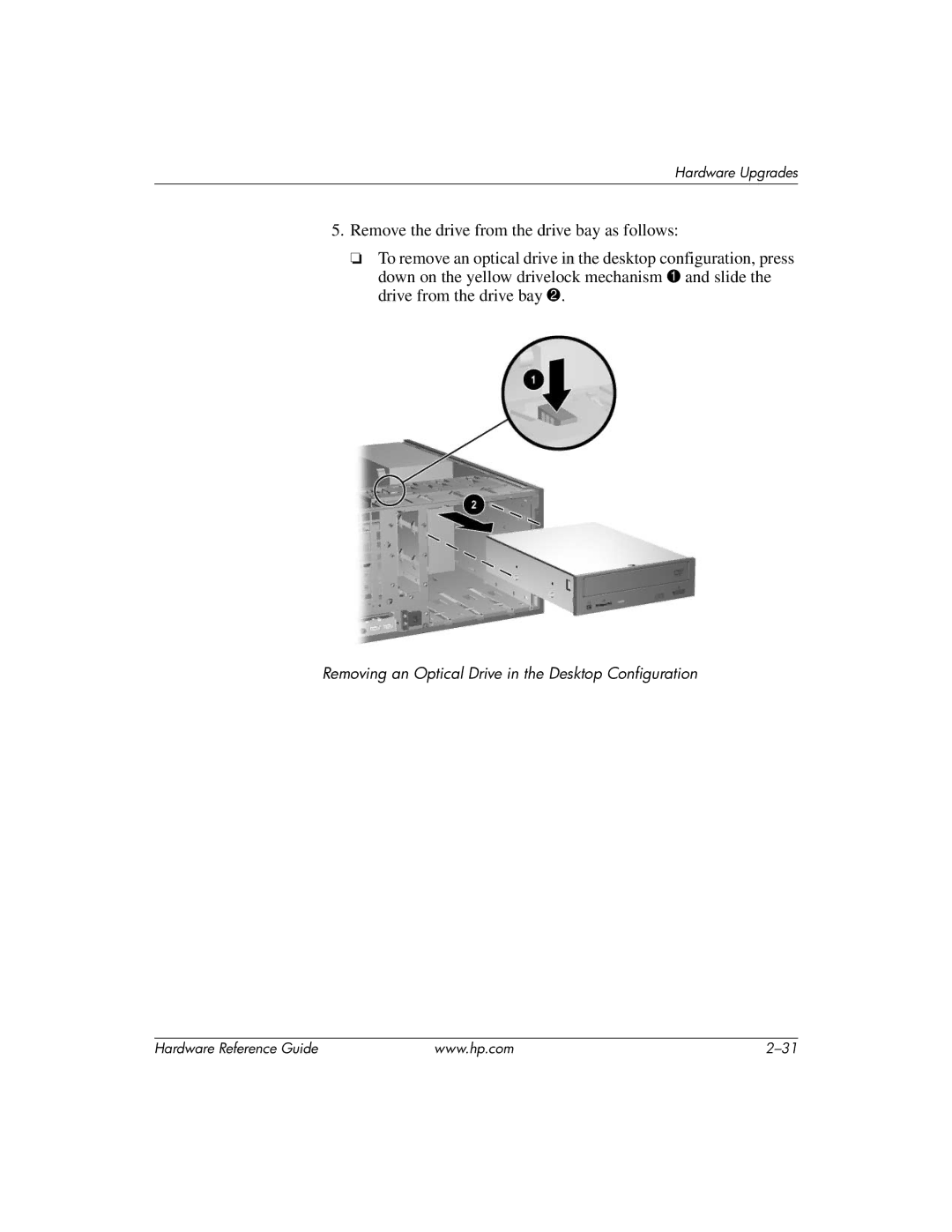 HP dc7600 tower manual Removing an Optical Drive in the Desktop Configuration 