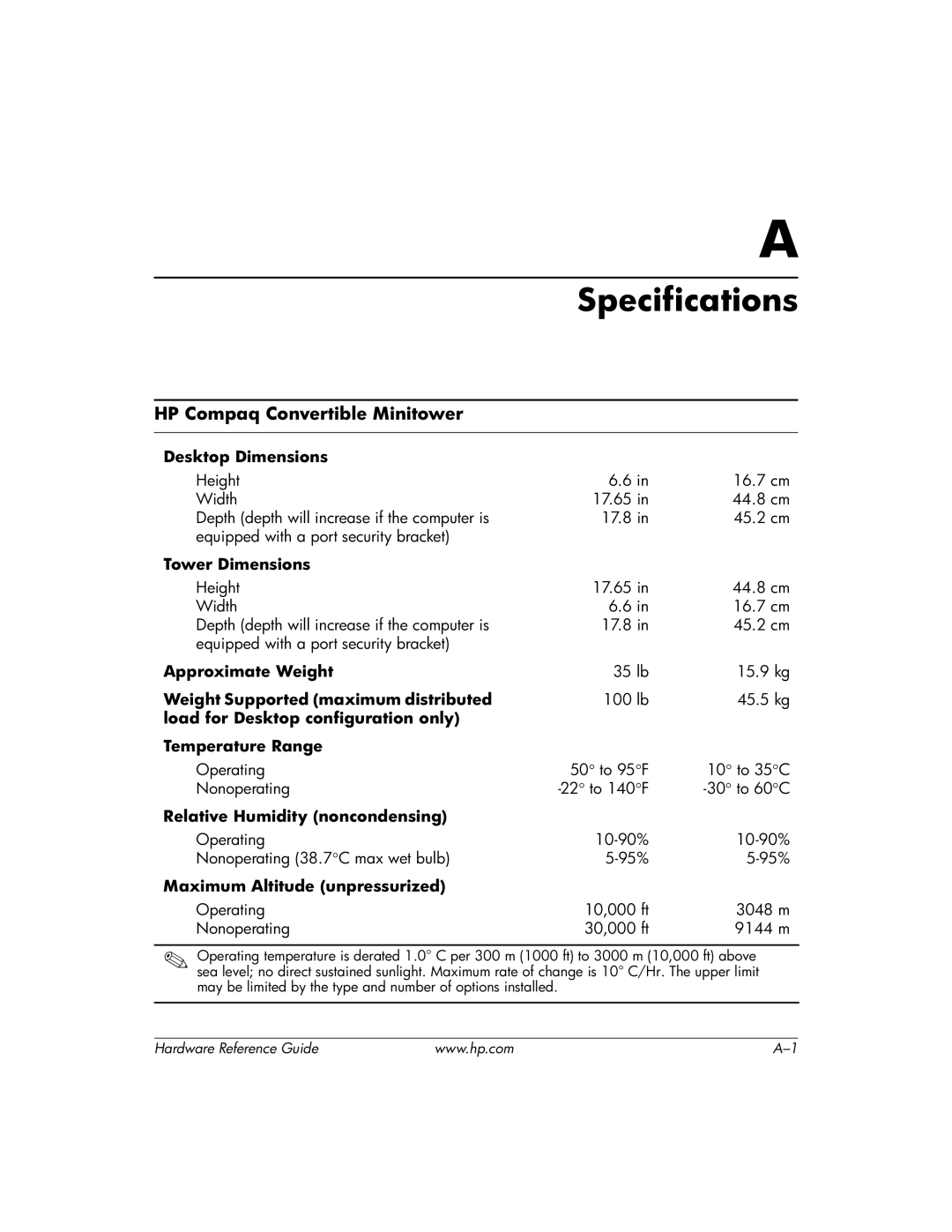 HP dc7600 tower manual Specifications, HP Compaq Convertible Minitower 