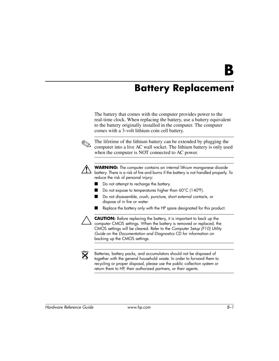 HP dc7600 tower manual Battery Replacement 