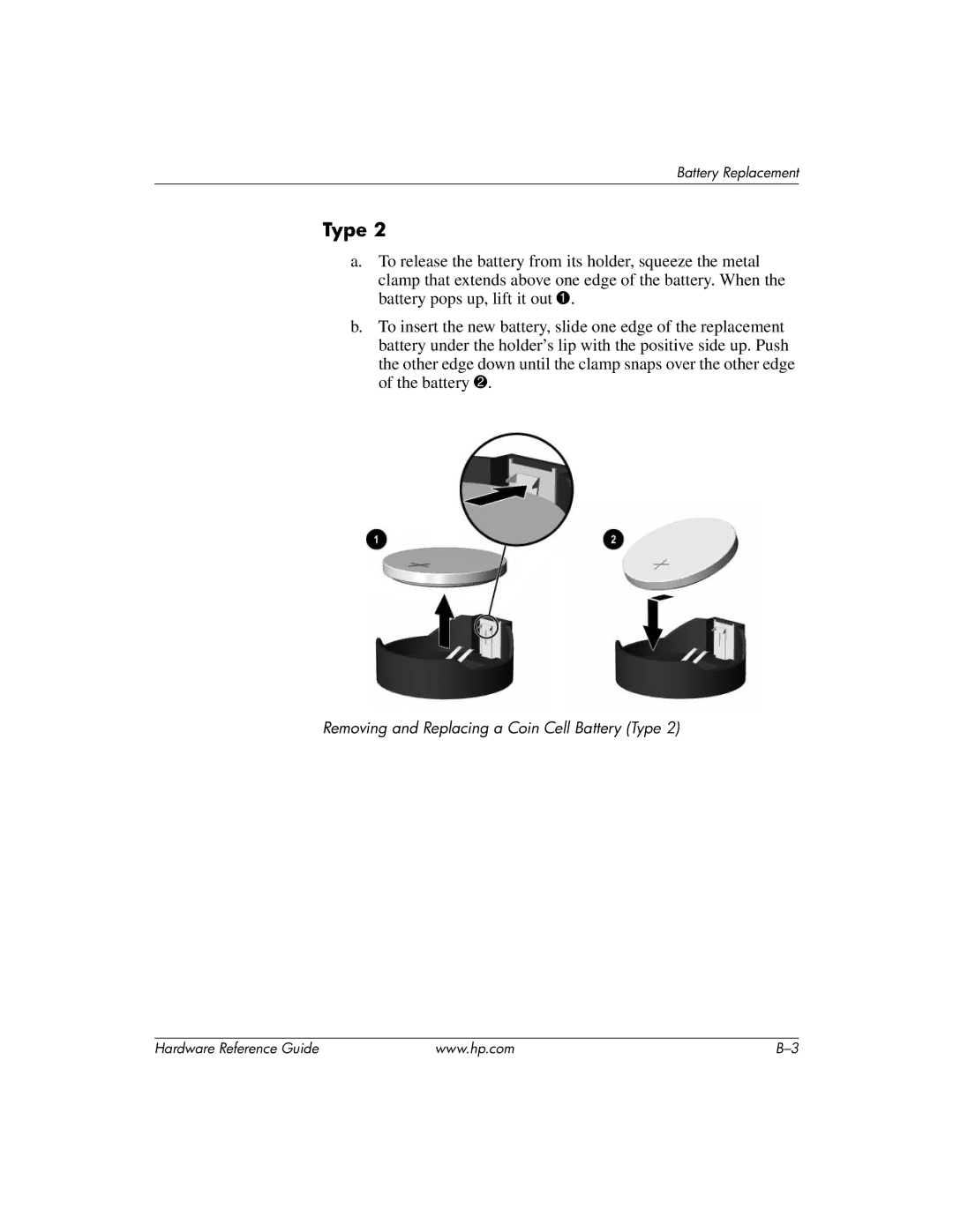 HP dc7600 tower manual Removing and Replacing a Coin Cell Battery Type 