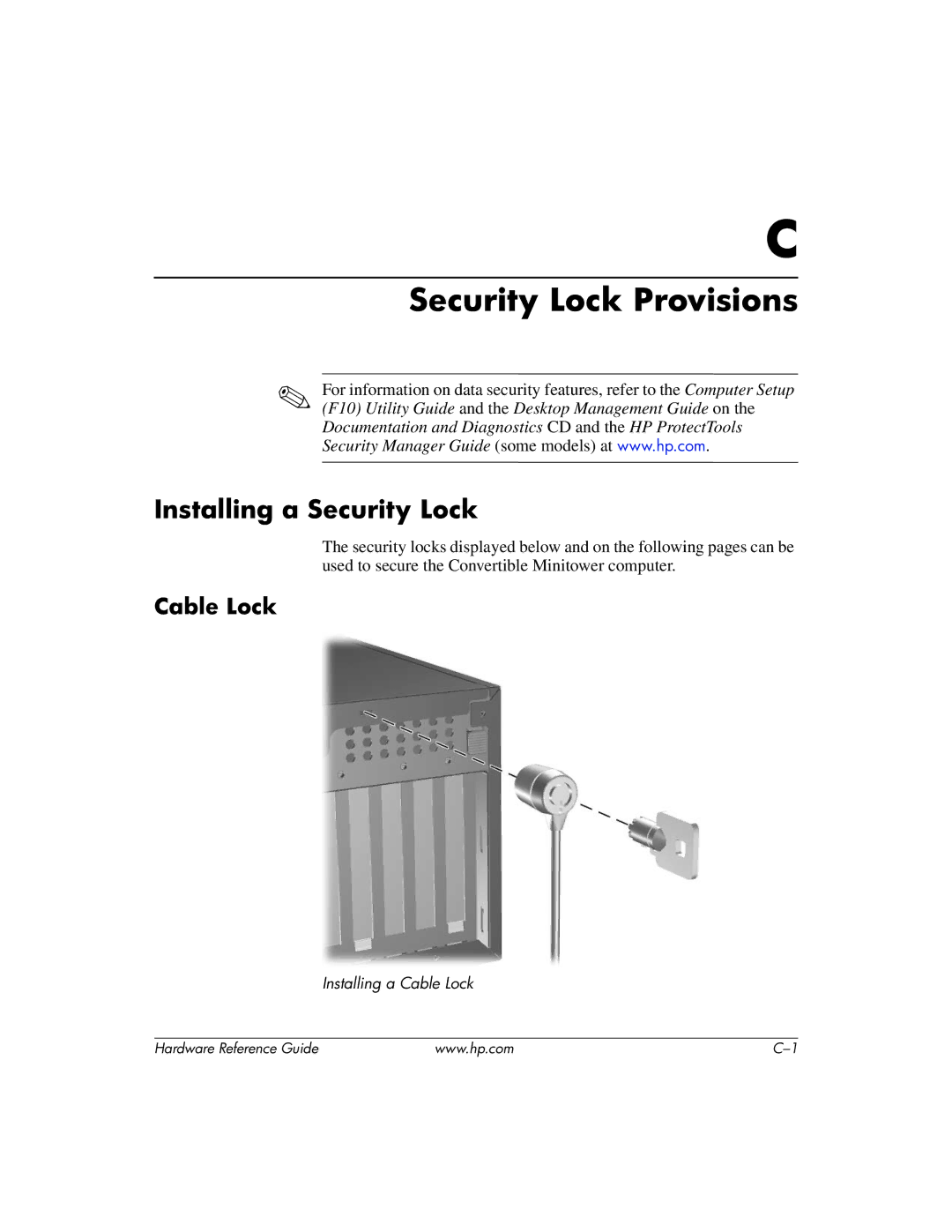 HP dc7600 tower manual Security Lock Provisions, Installing a Security Lock, Cable Lock 