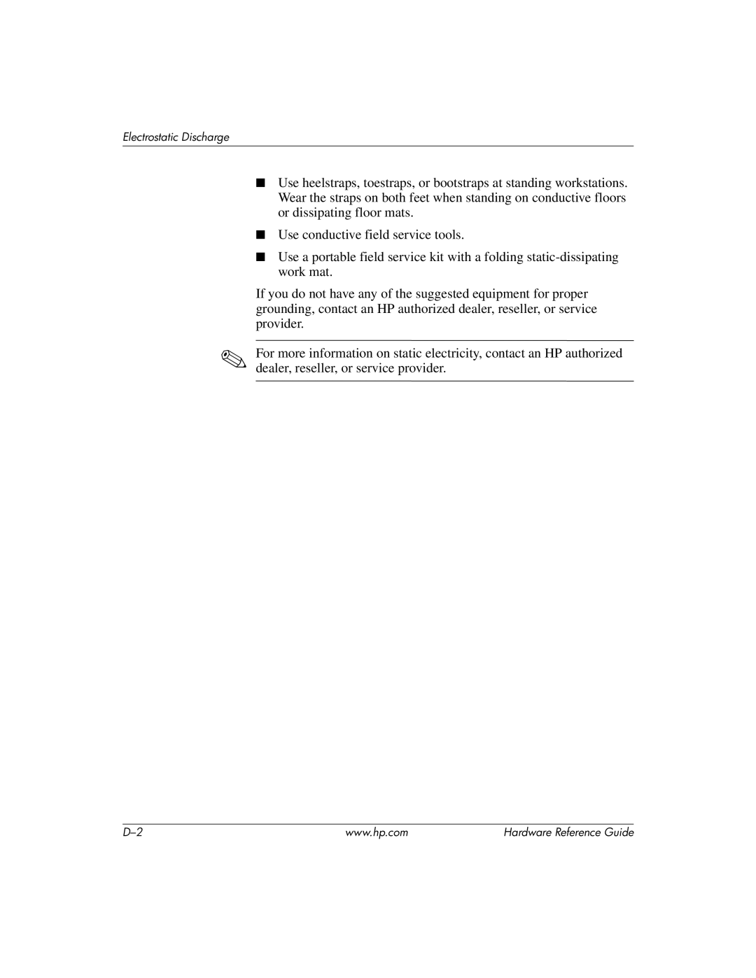 HP dc7600 tower manual Electrostatic Discharge 