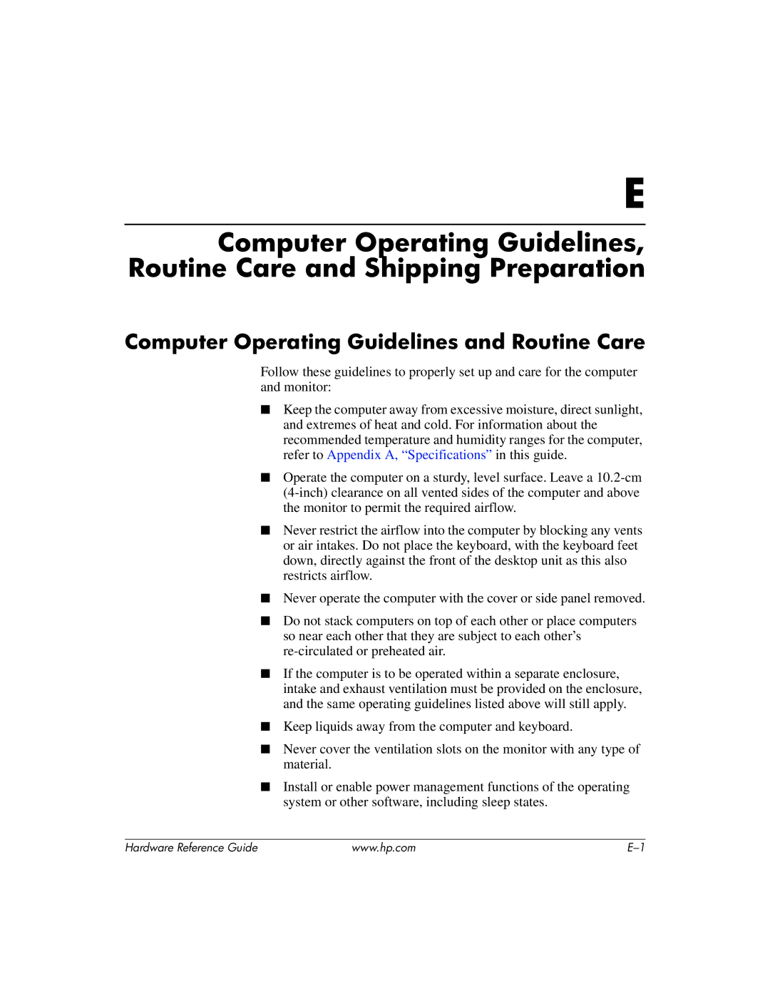 HP dc7600 tower manual Computer Operating Guidelines and Routine Care 