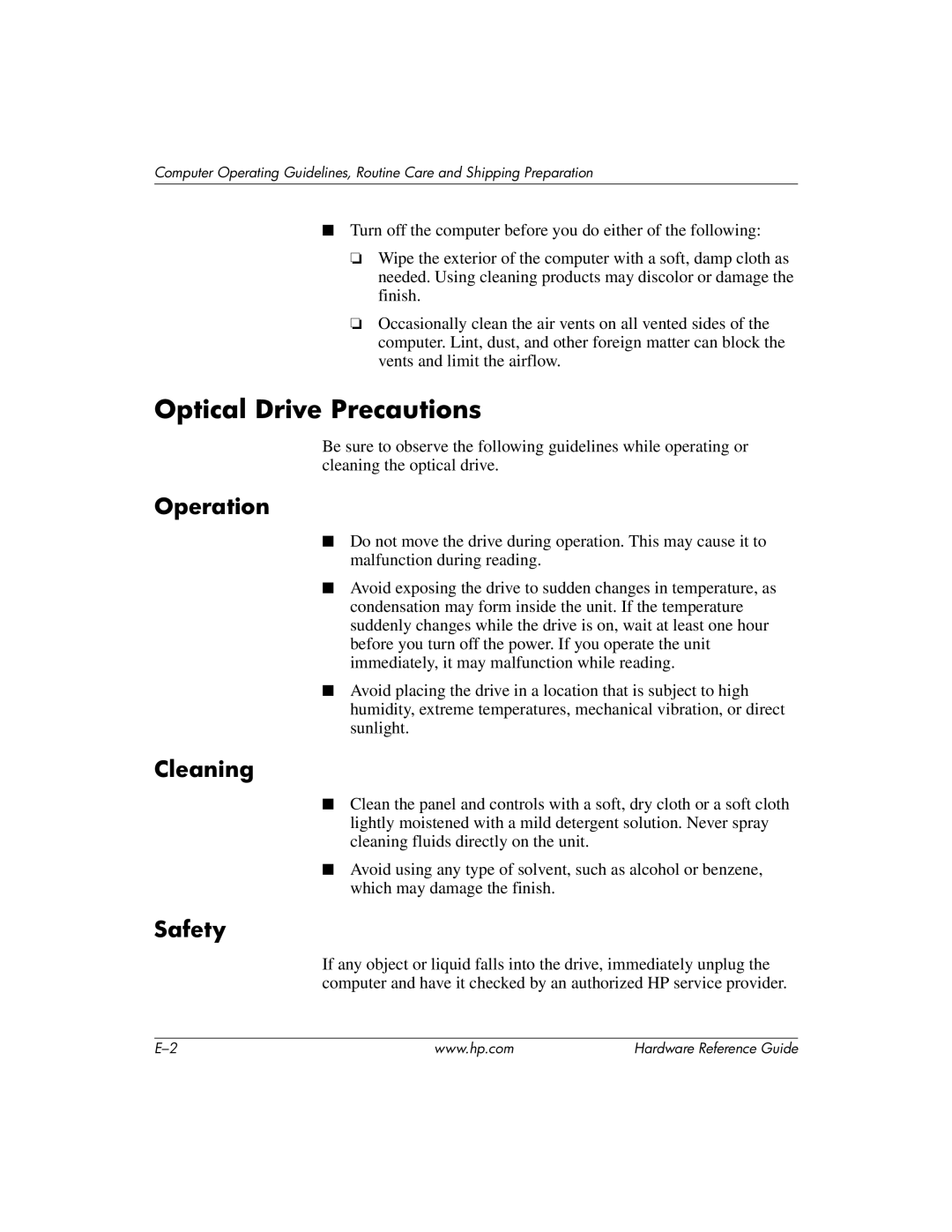 HP dc7600 tower manual Optical Drive Precautions, Operation, Cleaning, Safety 