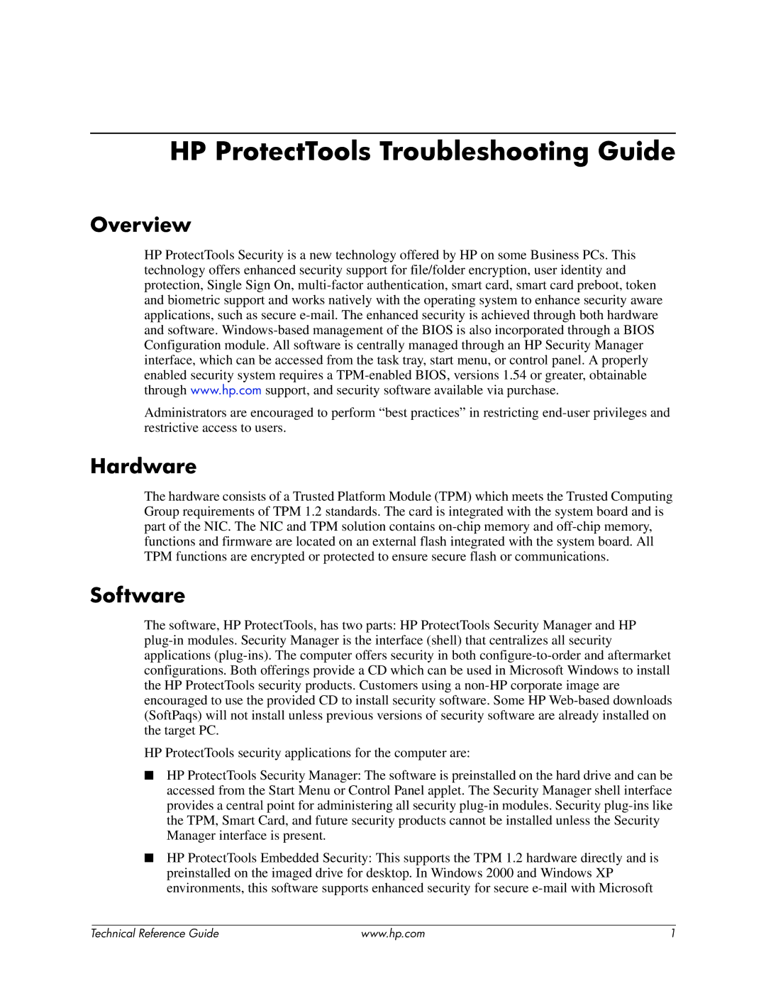 HP dc7600 manual HP ProtectTools Troubleshooting Guide 