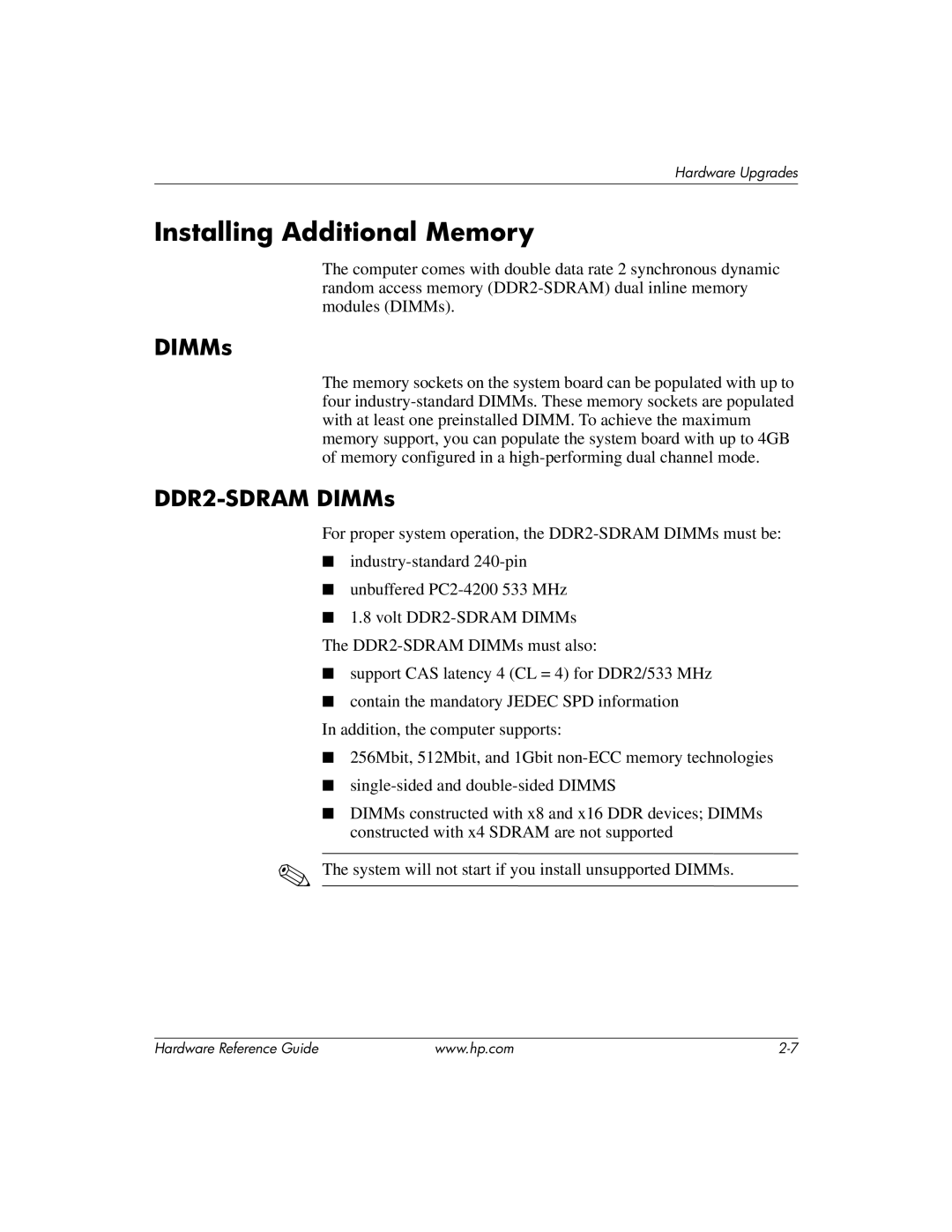 HP dc7600 manual Installing Additional Memory, DDR2-SDRAM DIMMs 