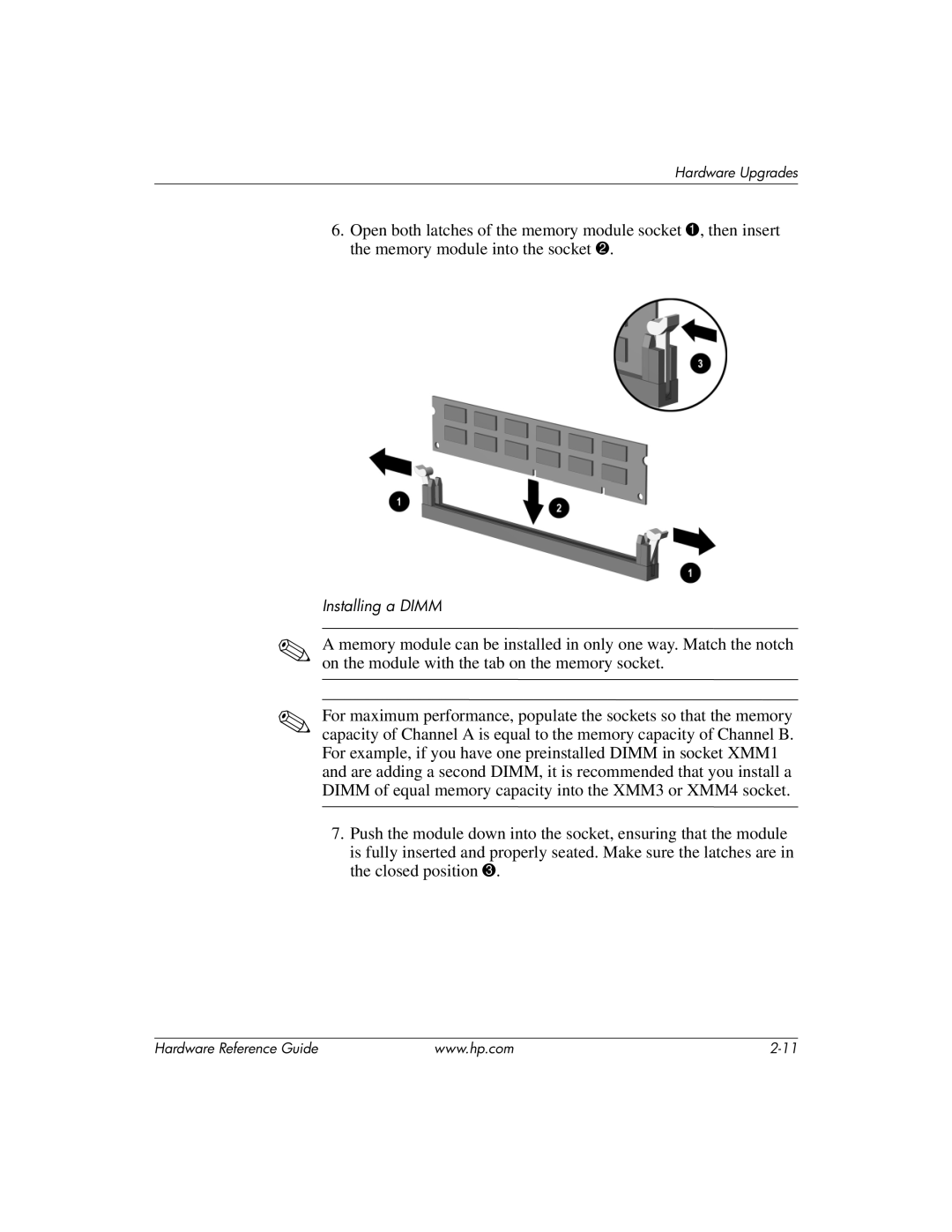 HP dc7600 manual Installing a Dimm 