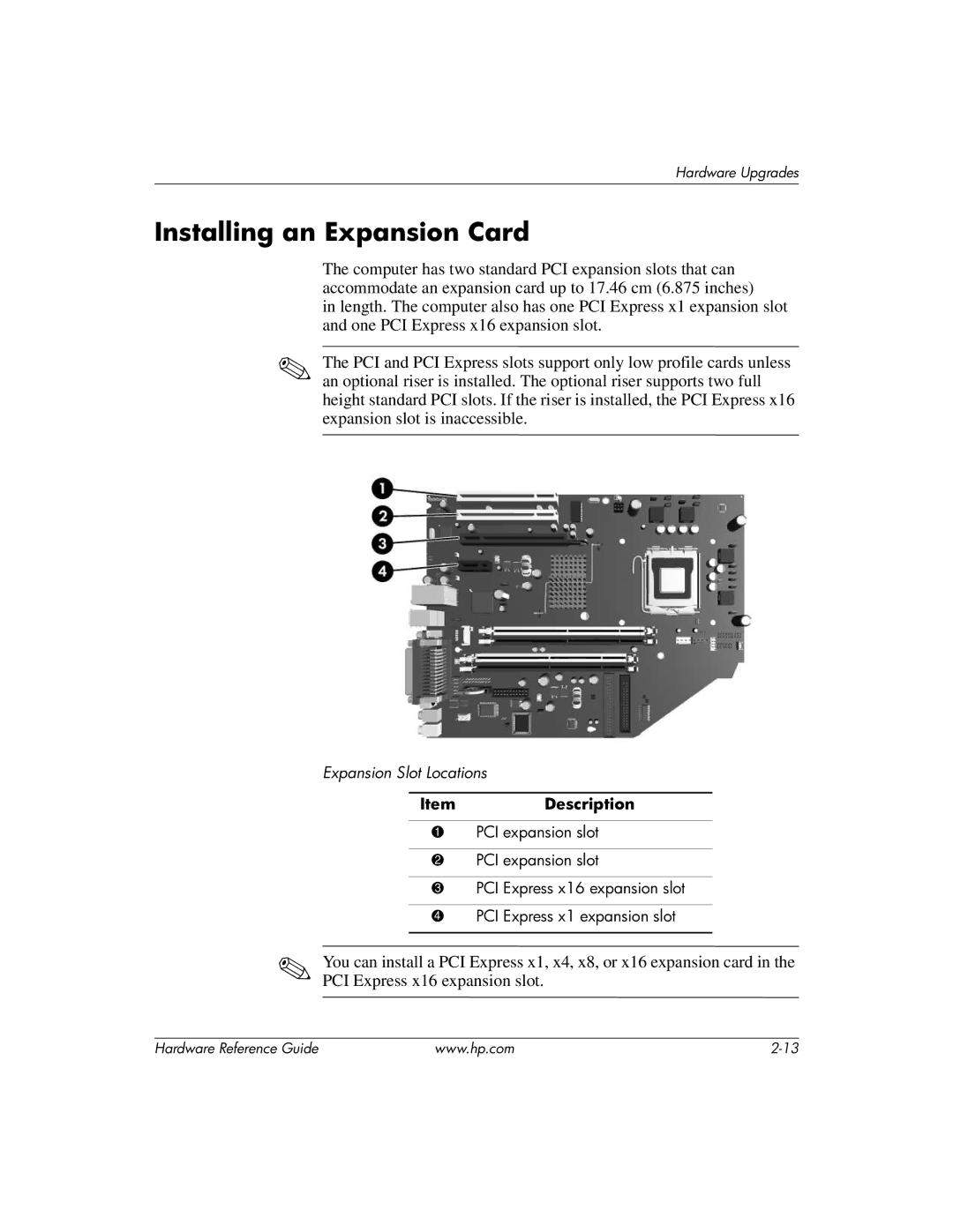 HP dc7600 manual Installing an Expansion Card 