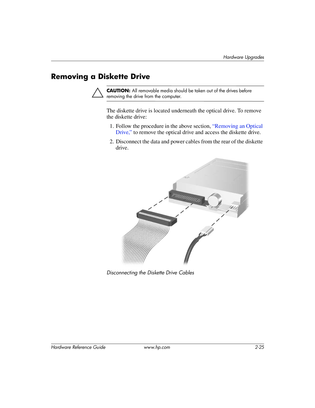 HP dc7600 manual Removing a Diskette Drive 