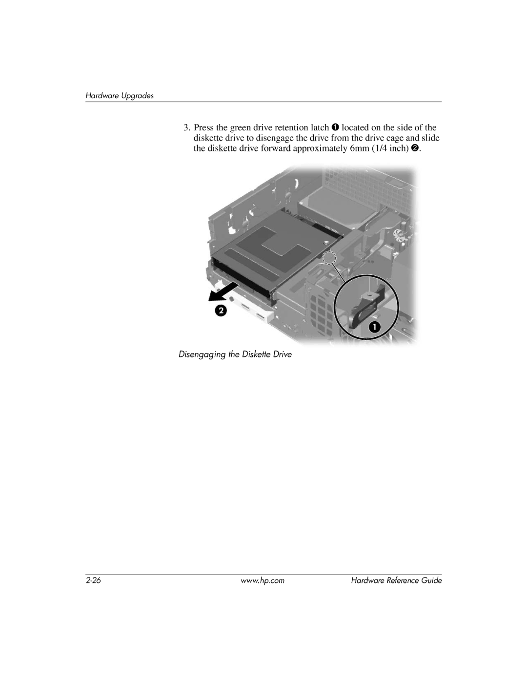 HP dc7600 manual Disengaging the Diskette Drive 