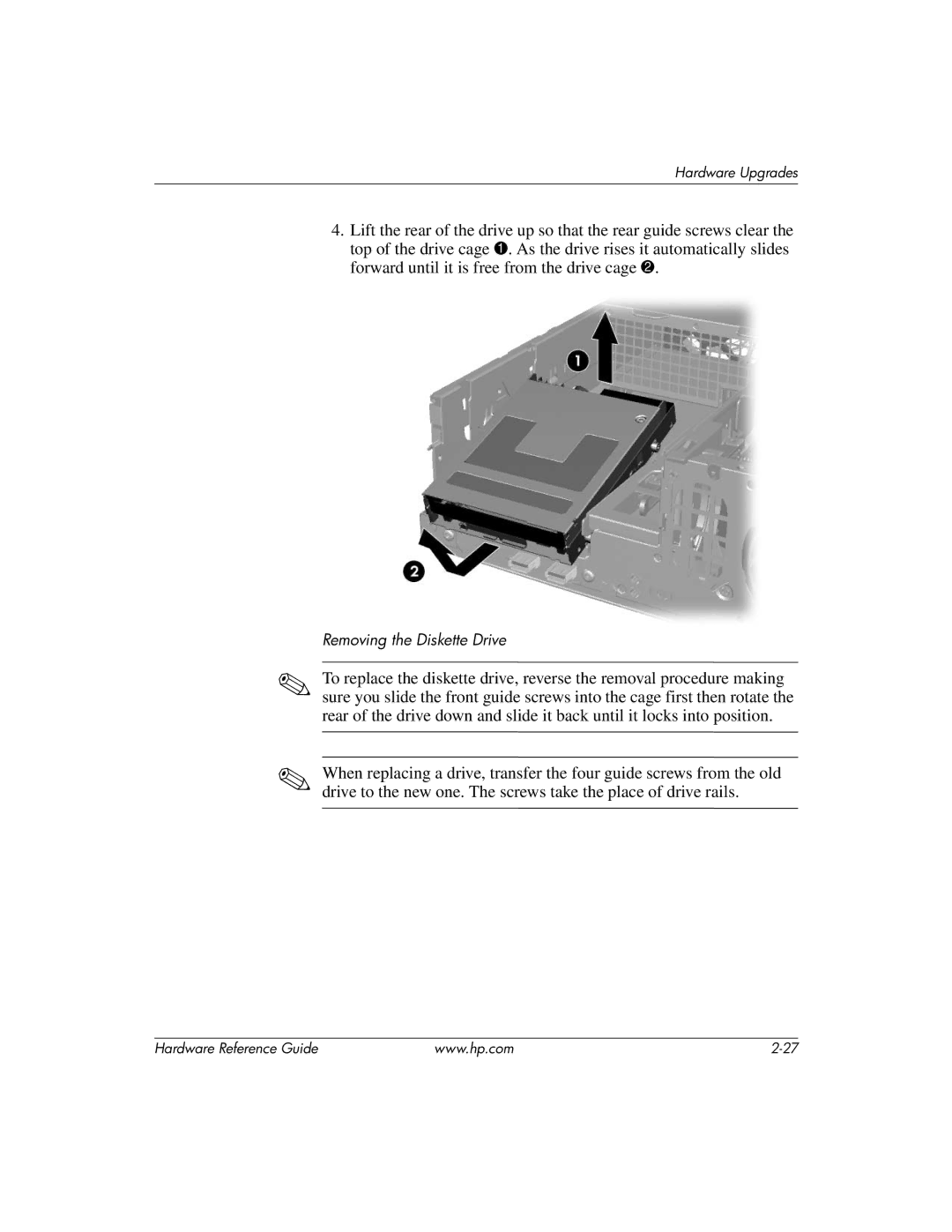 HP dc7600 manual Removing the Diskette Drive 