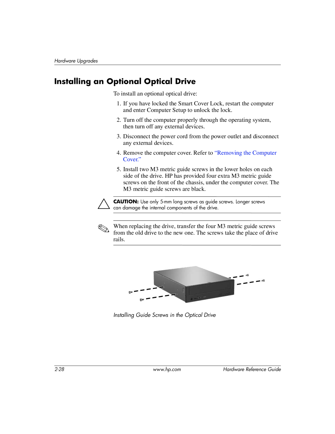 HP dc7600 manual Installing an Optional Optical Drive 