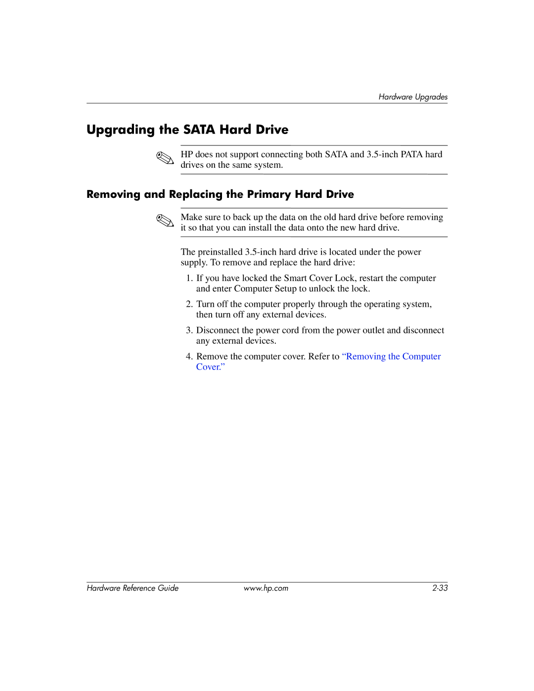 HP dc7600 manual Upgrading the Sata Hard Drive, Removing and Replacing the Primary Hard Drive 