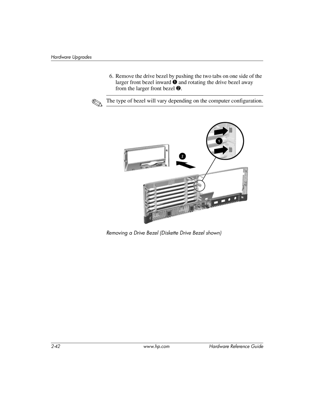 HP dc7600 manual Removing a Drive Bezel Diskette Drive Bezel shown 